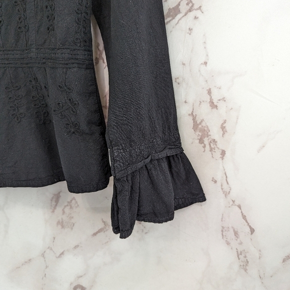 Scully Shirt Womens Large Black Button Up V Neck Ruffle Sleeve Embroidered - Picture 4 of 14